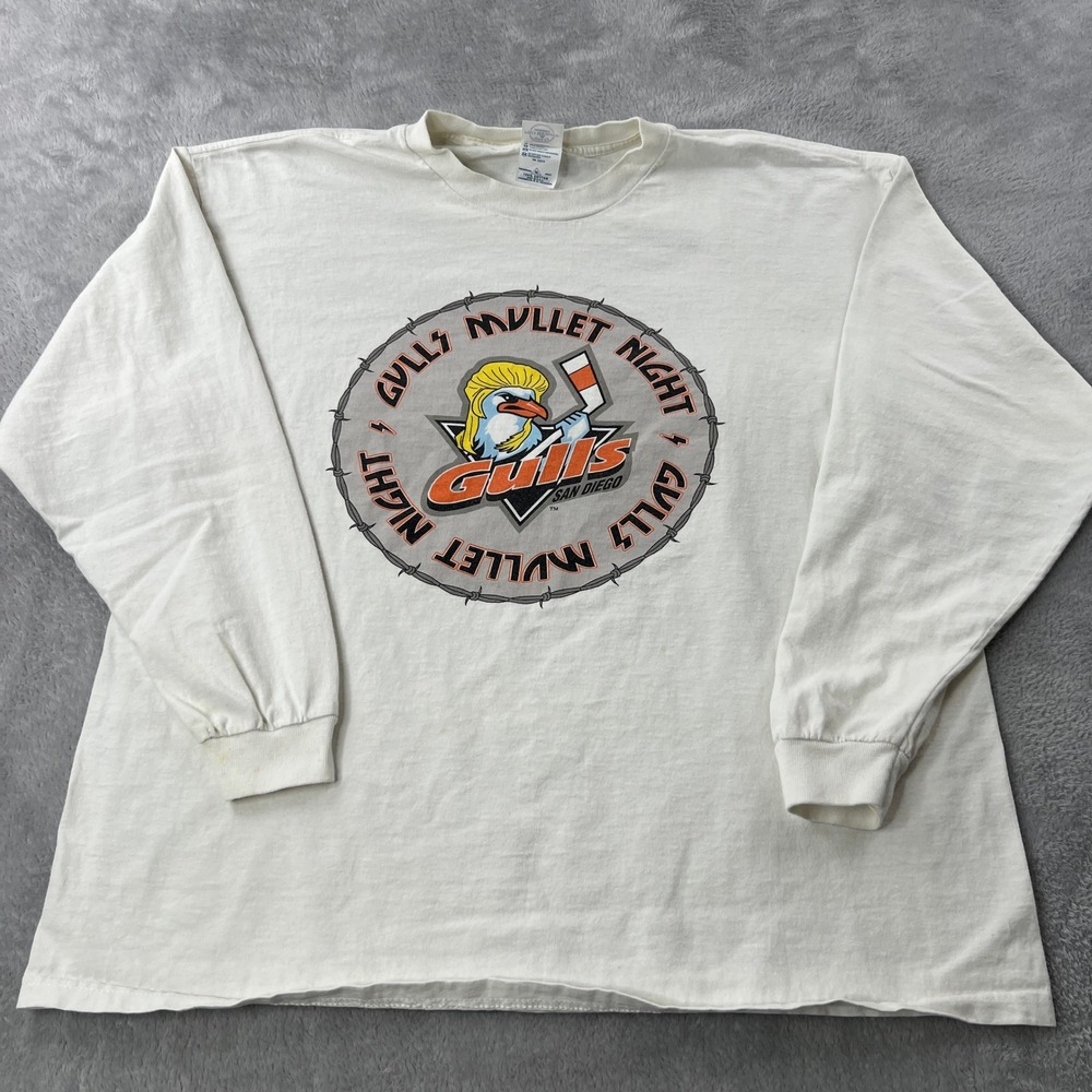 Delta San Diego Gulls Mullet Night Long Sleeve T-Shirt XL White Men Vintage Y2K